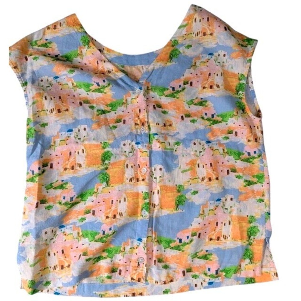 Cynthia Rowley Linen Blend 2-Piece Set Matching Top Pants Greek Island Print XS - Picture 10 of 12